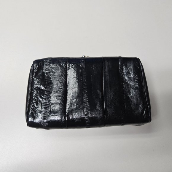 Vintage Eel Skin Kiss Closure Kisslock Cosmetic Clutch Cigarette Case Bag Mirror - Picture 2 of 9
